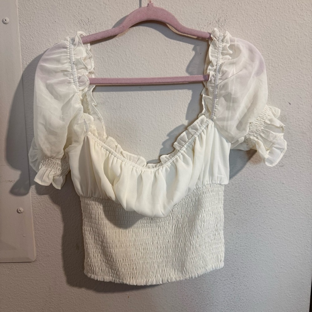 12th Tribe Ivory Puff Sleeve Smocked Milkmaid Crop Top Size M